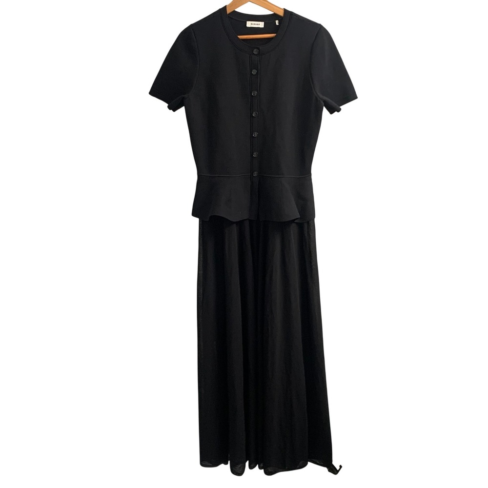 Sandro Judith Black Peplum Maxi Dress Ribbed Knit Button Front Noir Size 40 NEW - Picture 3 of 9